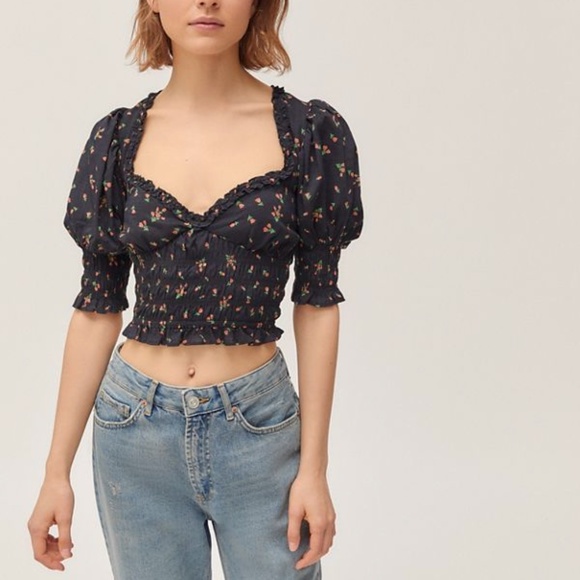 Urban Outfitters Black Floral Rose Print Puff Sleeve Smocked Blouse Top - Picture 8 of 11